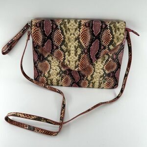 Betty Barclay Faux Snake Skin Crossbody Bag with Wristlet Handle Pink Tan Green
